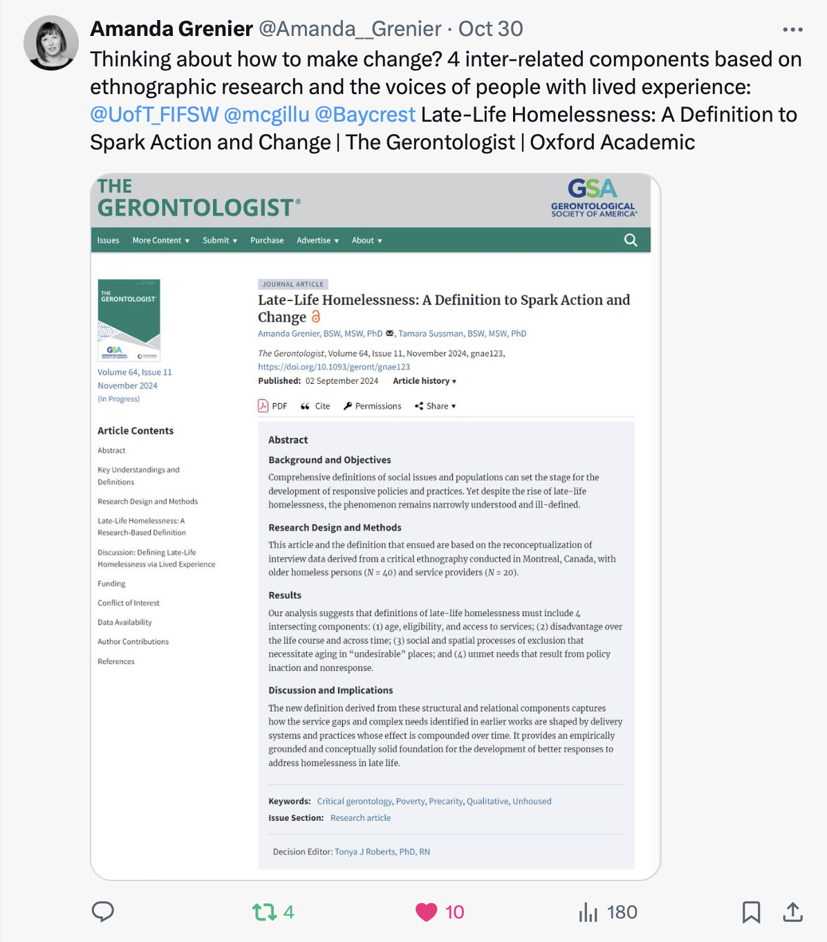 Screen shot of Amanda Grenier's post on X sharing the journal publication in The Gerontologist